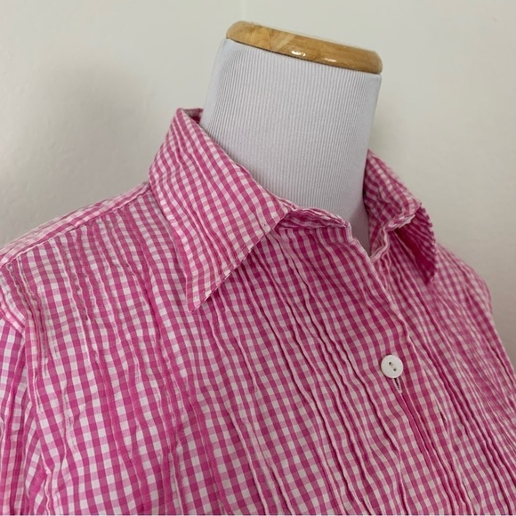 Foxcroft Fitted Gingham Pleated Crinkle Button Up Shirt Women’s 4 Pink Collared - Picture 5 of 16